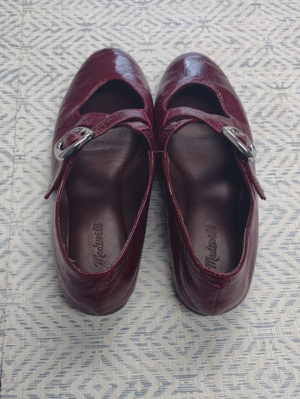 Women's Burgundy Mary Jane Flats with Decorative Buckle